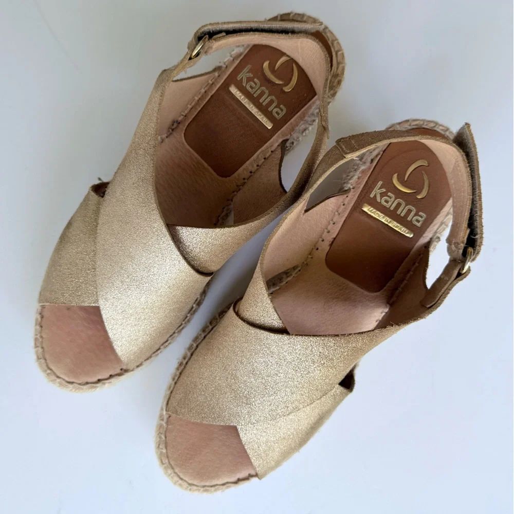 Kanna Gold Metallic Nubuck Suede Crossover Platform Wedge Espadrille Sandal 8
